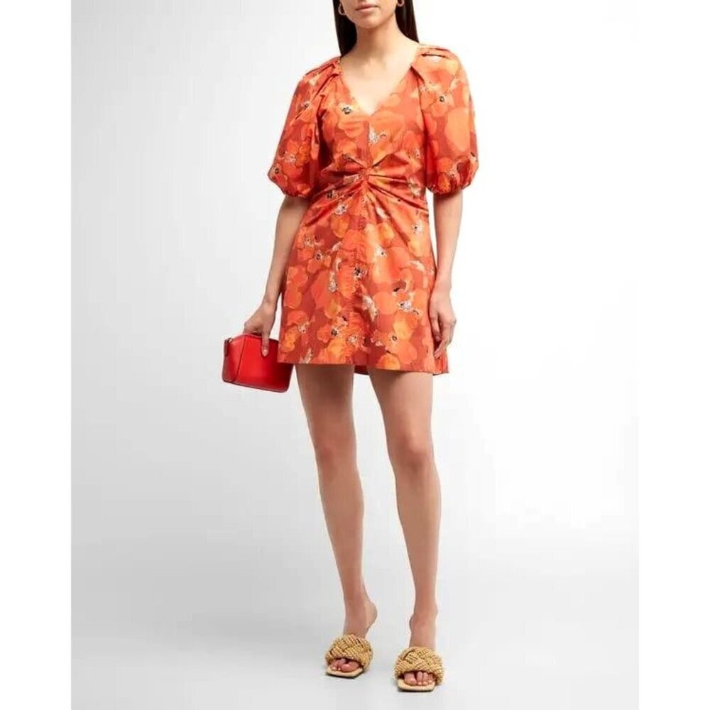 Tanya Taylor Lacey Puff-Sleeve Sandwashed Cotton Mini Dress Size 2 Womens $497